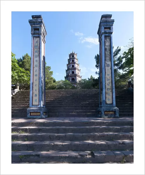 Thien Mu Pagoda - Hue-Vietnam - Rising on a bluff above the left bank of the Perfume River, Thien Mu  /  Heavenly Lady Pagoda was founded in 1601 by Lord Nguyen Hoang and has become an iconic symbol of Hue