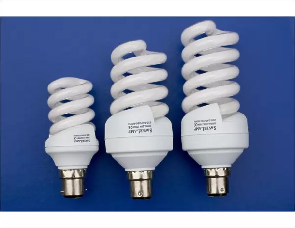 Energy efficient light bulbs or Saverlamp, Compact fluorescent energy efficient spiral light bulbs or Saverlamps use 80% less energy than traditional bulbs and last up to 10 times longer, UK