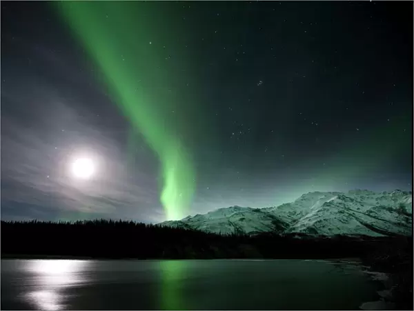 Aurora borealis and Moon