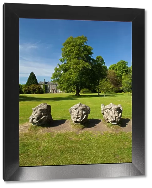 England. Northumberland, Wallington Hall. Carved stone dragon heads in the gardens of Wallington Hall, a National Trust property located in the north
