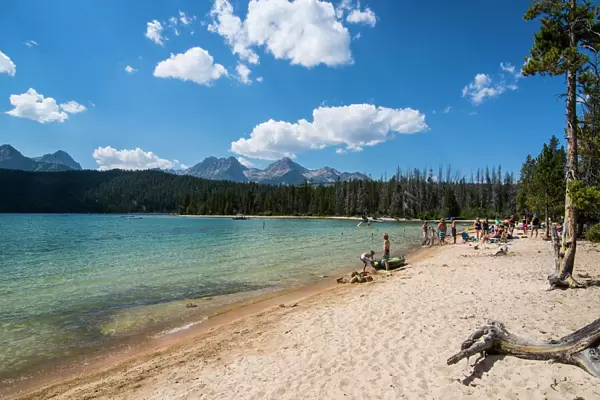 Sandy beach on Redfish Lake in a valley north of Sun Valley, Sawtooth National Forest, Idaho, United States of America, North America