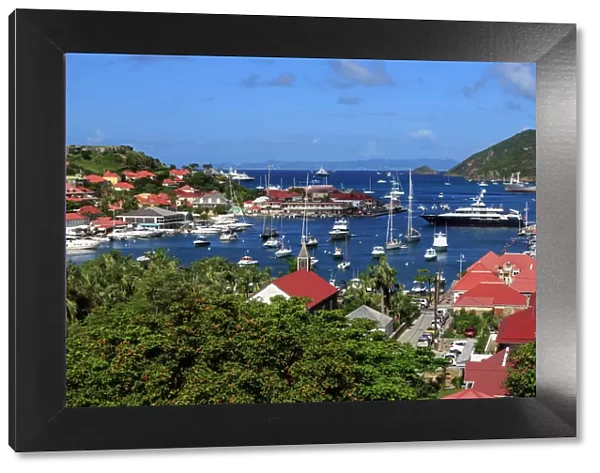 Elevated view of Fort Oscar, Anglican church and yachts in harbour, Gustavia, St. Barthelemy (St. Barts) (St. Barth), West Indies, Caribbean, Central America