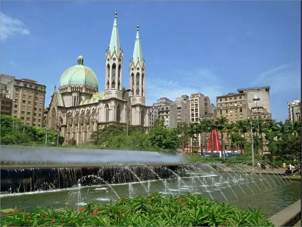 Fountains and the cathedral in the city of Sao Paulo in Brazil, South America