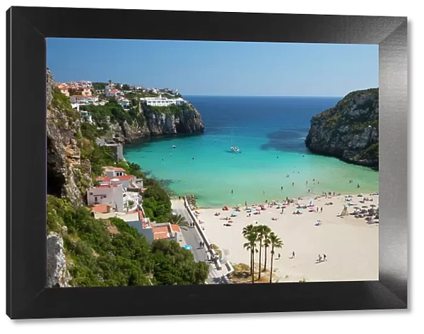 View over beach, Cala en Porter, south east Coast, Menorca, Balearic Islands, Spain