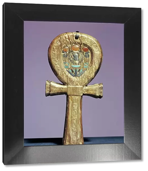 Mirror case in the form of an ankh, the sign of life, made of gilt wood inlaid with glass-paste