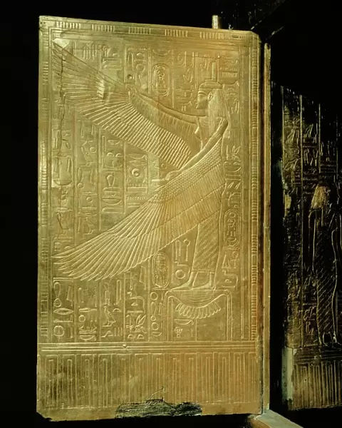 One of the double doors of the gilt shrine showing the goddess Isis, from the tomb of the pharaoh Tutankhamun, discovered in the Valley of the Kings, Thebes, Egypt, North
