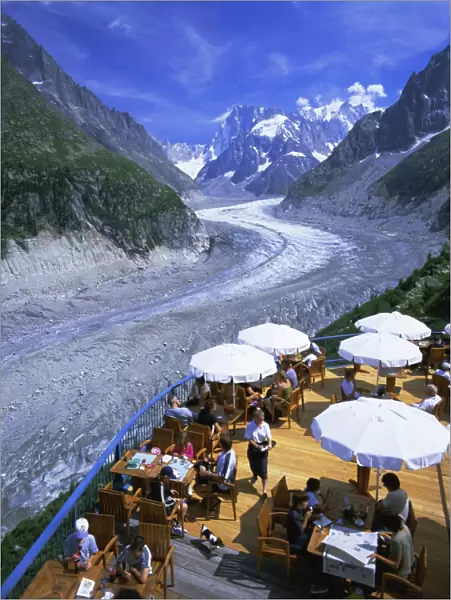 Cafe overlooking Glace de Mer glacier, Chamonix, French Alps, Rhone Alpes, France, Europe