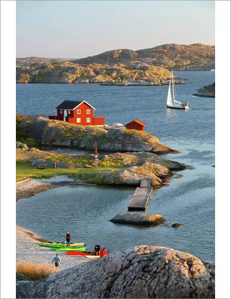 View over red Swedish house and islands of archipelago, Skarhamn, Tjorn, Bohuslan Coast
