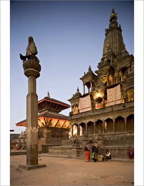 Durbar Square at dawn with Garuda statue on column