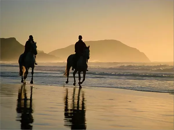 Horse riding on the beach at sunrise