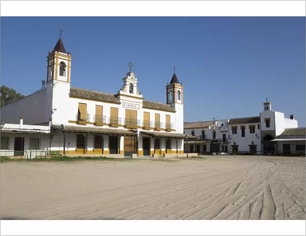 Sand streets and brotherhood houses, El Rocio, Huelva Province, Andalucia, Spain, Europe