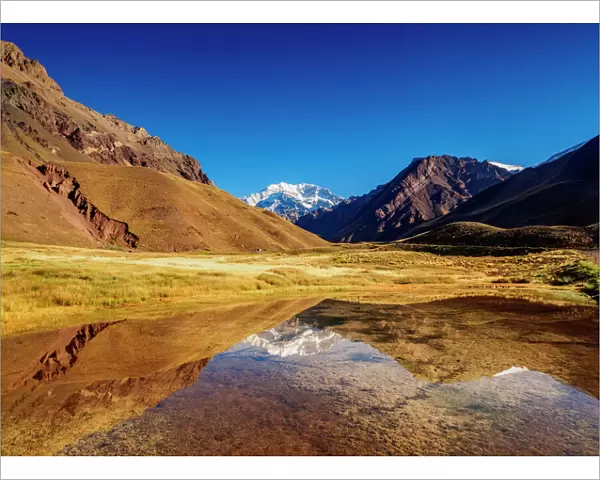 Aconcagua Mountain reflecting in the Espejo Lagoon, Aconcagua Provincial Park, Central Andes