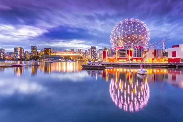 View of False Creek and Vancouver skyline, including World of Science Dome, Vancouver
