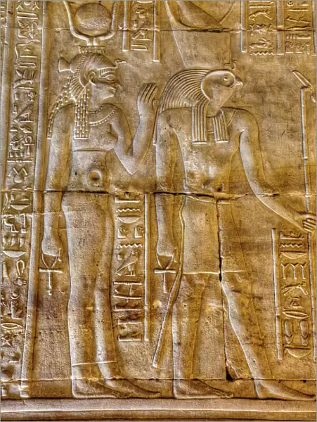 Goddess Hathor on the left with God Horus on right, Bas Reliefs, Sanctuary of Horus