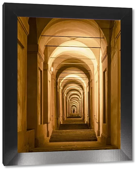 The porticoes of Bologna, the longest in the world, night view of the arches towards