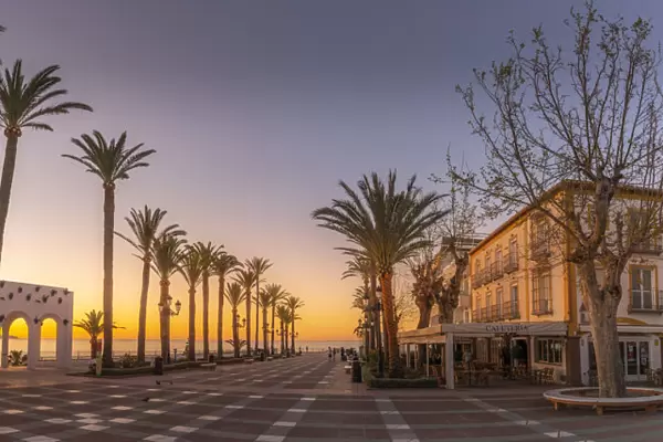 View of Plaza Balcon De Europa at sunrise in Nerja, Costa del Sol, Malaga Province, Andalusia, Spain, Mediterranean, Europe