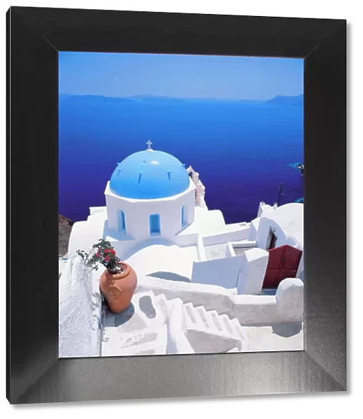 Church overlooking sea, Santorini, Cyclades, Greek Islands, Greece, Europe