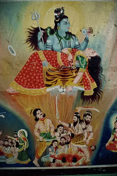 Mural of Shiva and his consort Parvati, India, Asia