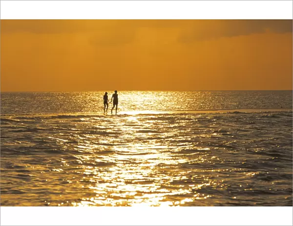 Silhouette of couple walking on a sandbank at sunset, Maldives, Indian Ocean, Asia