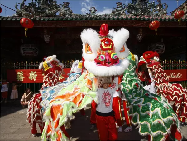 Lion dance performers, Chinese New Year, Quan Am Pagoda, Ho Chi Minh City