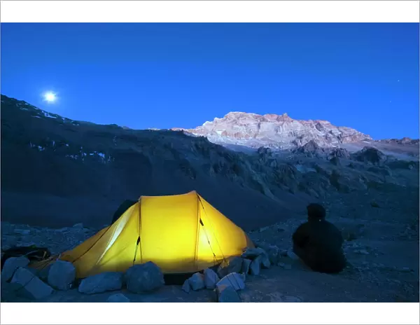 Illuminated tent at Plaza de Mulas base camp, Aconcagua 6962m, highest peak in South America