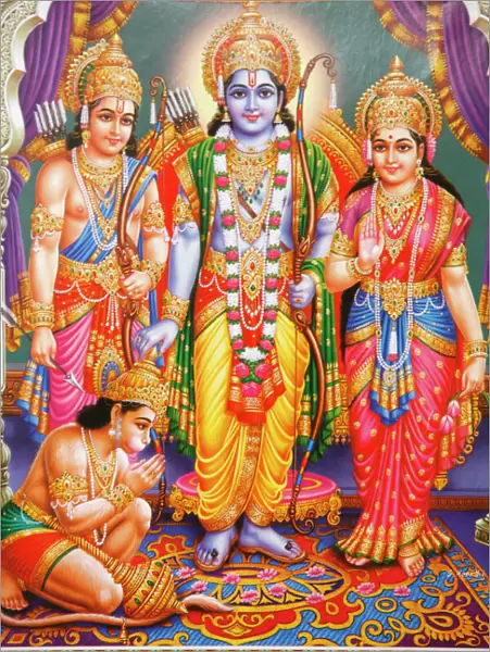 Picture of Hindu gods Laksman, Rama, Sita and Hanuman, India, Asia