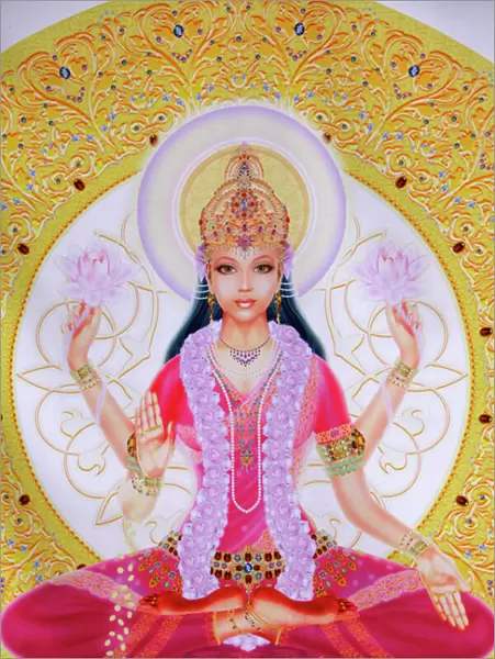 Picture of Lakshmi, goddess of wealth and consort of Lord Vishnu, sitting holding lotus flowers