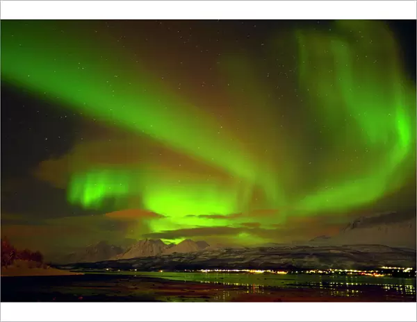Aurora borealis (Northern Lights) seen over the Lyngen Alps, from Sjursnes, Ullsfjord, Troms, North Norway, Scandinavia, Europe