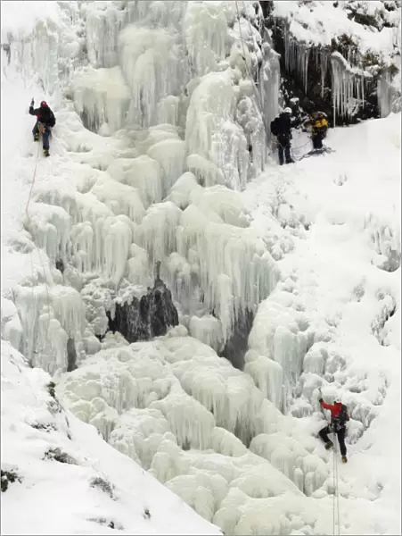 Ice climbing on Grey Mares Tail Waterfall, Moffat Hills, Moffat Dale, Dumfries and Galloway, Scotland, United Kingdom, Europe