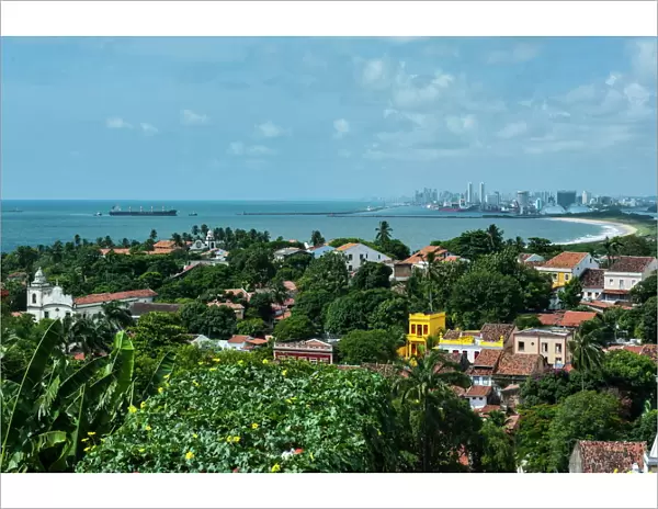 View over the colonial town of Olinda, UNESCO World Heritage Site, with Recife in the background, Pernambuco, Brazil, South America