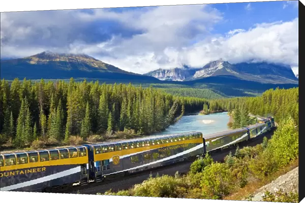 Rocky Mountaineer train at Morants curve near Lake Louise in the Canadian Rockies
