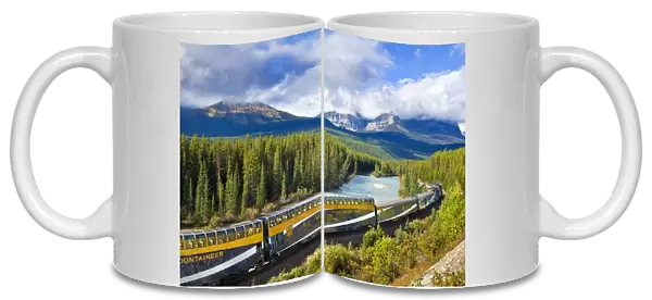 Rocky Mountaineer train at Morants curve near Lake Louise in the Canadian Rockies