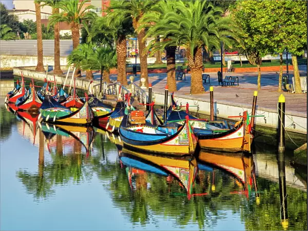 Gondola-like moliceiros boats anchored along the Central Channel, Aveiro, Beira, Portugal, Europe