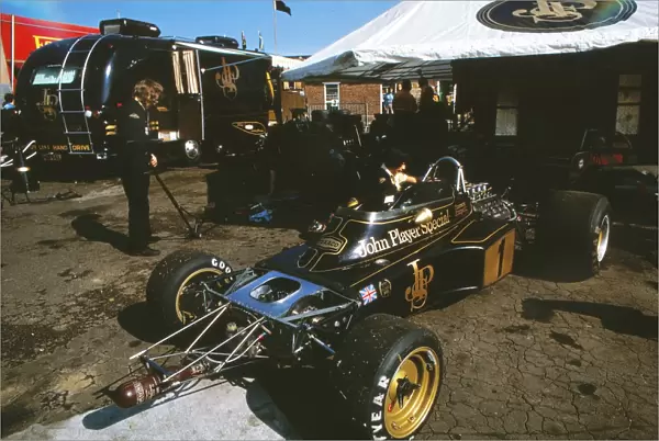The Team Lotus garage at the 1973 British Grand Prix