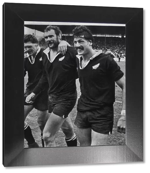 All Blacks Murray Mexted, Andy Haden, and Geoff Old celebrate after New Zealand complete their 4-0 series whitewash over the 1983 British Lions