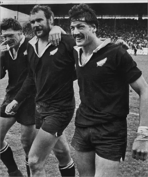 All Blacks Murray Mexted, Andy Haden, and Geoff Old celebrate after New Zealand complete their 4-0 series whitewash over the 1983 British Lions