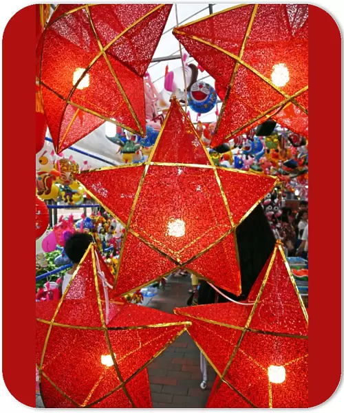 Star shaped red lanterns in a street market in Chinatown in Singapore, Republic of Singapore