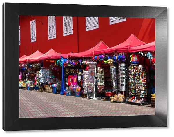 Tourist souvenir shops in Dutch Square, known as Red Square, in Malacca, Malaysia