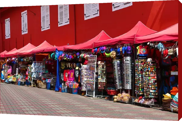 Tourist souvenir shops in Dutch Square, known as Red Square, in Malacca, Malaysia