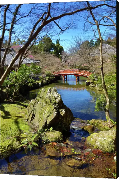 Ornamental Japanese wooden bridge at Daigoji Buddhist Temple in Kyoto, Japan