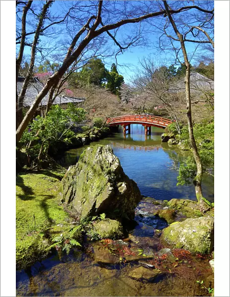 Ornamental Japanese wooden bridge at Daigoji Buddhist Temple in Kyoto, Japan