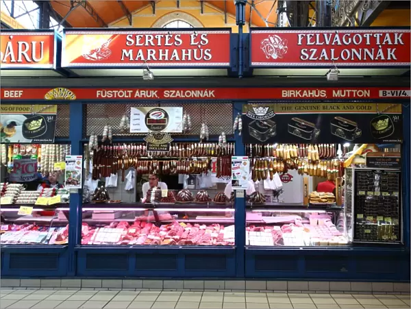 Meat stall in the Central Market Hall in Budapest, Hungary