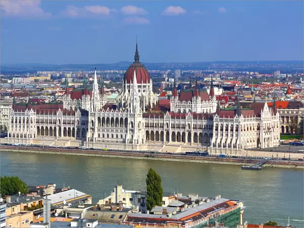 The Hungarian Parliament Building, the Orszaghaz, and the River Danube in Budapest