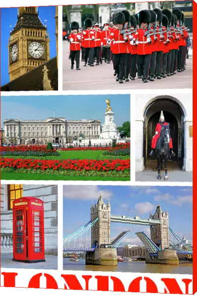 Souvenir sepia photos of Big Ben, Buckingham Palace, Guards, Tower Bridge and a Telephone Box in London, England