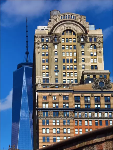 Old traditional and new buildings including One World Trade Center ( 1 WTC ), New York. America
