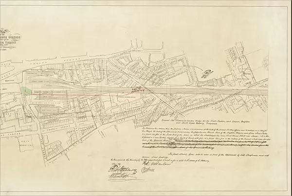 London Bridge Station. Plan of the London Bridge Station and part of the Greenwich viaduct together with adjoining properties (signed by Robert Stephenson) 11  /  1846