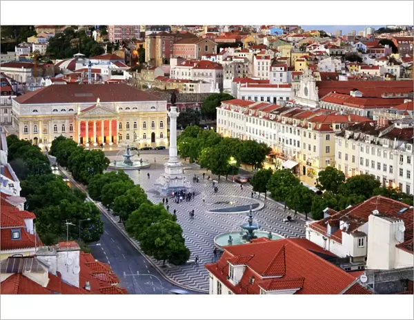 Rossio square or Praca Dom Pedro IV, the heart of the historic centre at twilight