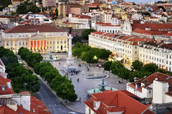 Rossio square or Praca Dom Pedro IV, the heart of the historic centre at twilight