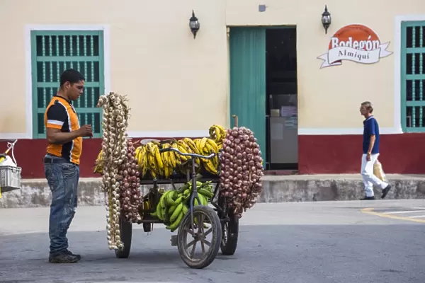 Cuba, Sancti Spiritus, Sancti Spiritus, Man selling garlic and bananas from a bike