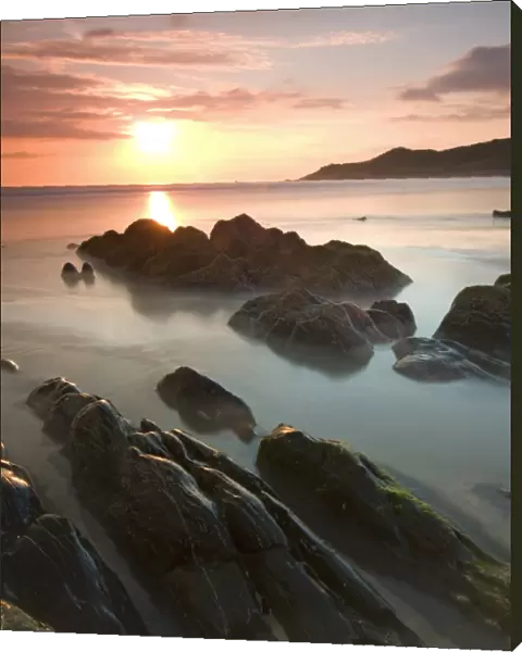 Sunset on Barricane Beach, Woolacombe, Devon, England. Summer